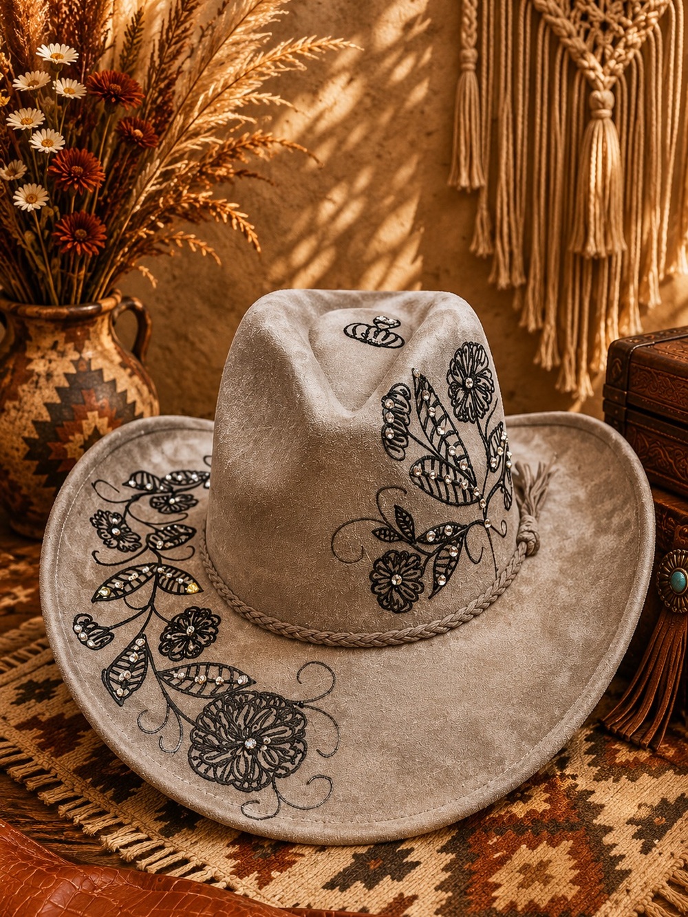 Embroidered Suede Western Cowboy Hat in Taupe
